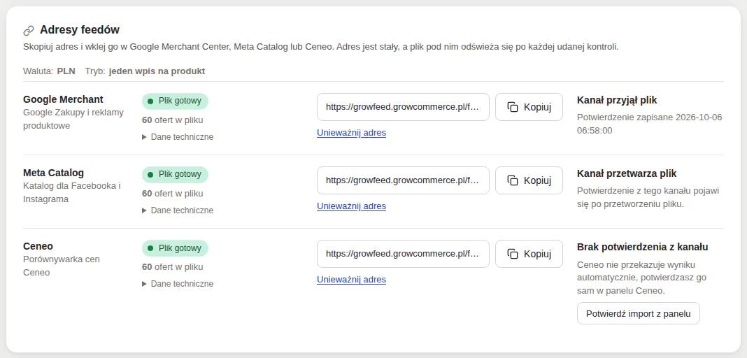 Panel GrowFeed: adresy feedów Google, Meta i Ceneo ze stanem pliku i potwierdzeniem kanału