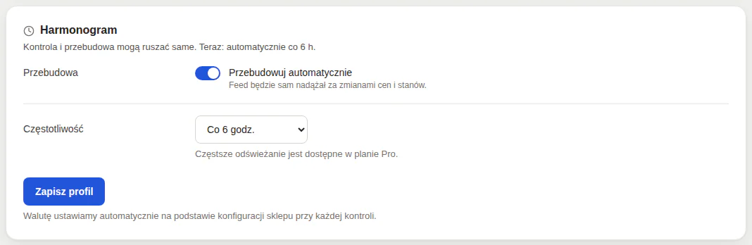 Panel GrowFeed: ustawienia harmonogramu przebudowy feedu