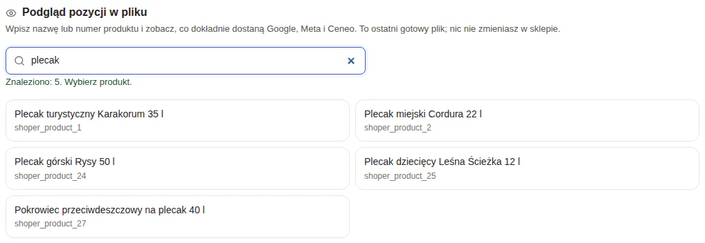 Panel GrowFeed: wyszukiwanie produktu w ostatnim gotowym pliku feedu