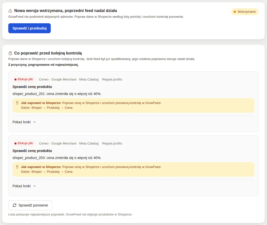 Panel GrowFeed: wstrzymana wersja i dwie poprawki ceny z numerami ofert