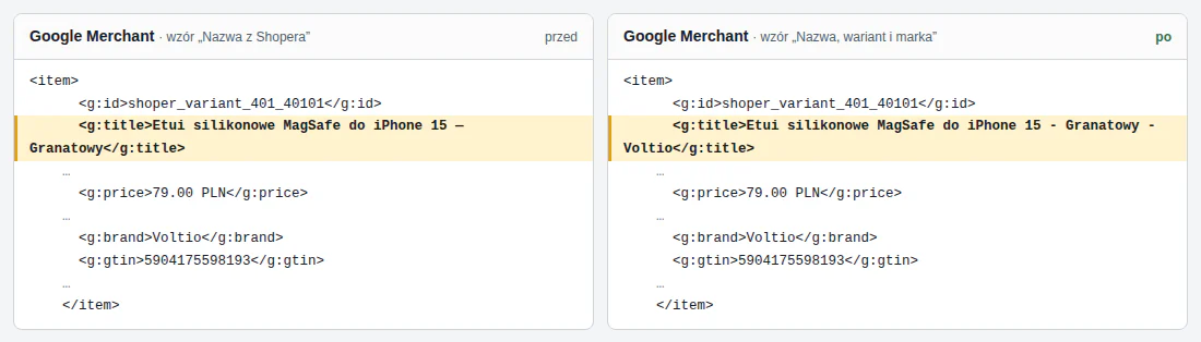 Fragment pliku XML Google Merchant przed i po zmianie wzoru tytułu: tytuł z wariantem i marką