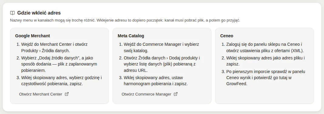 Panel GrowFeed: instrukcje wklejenia adresu w trzech kanałach